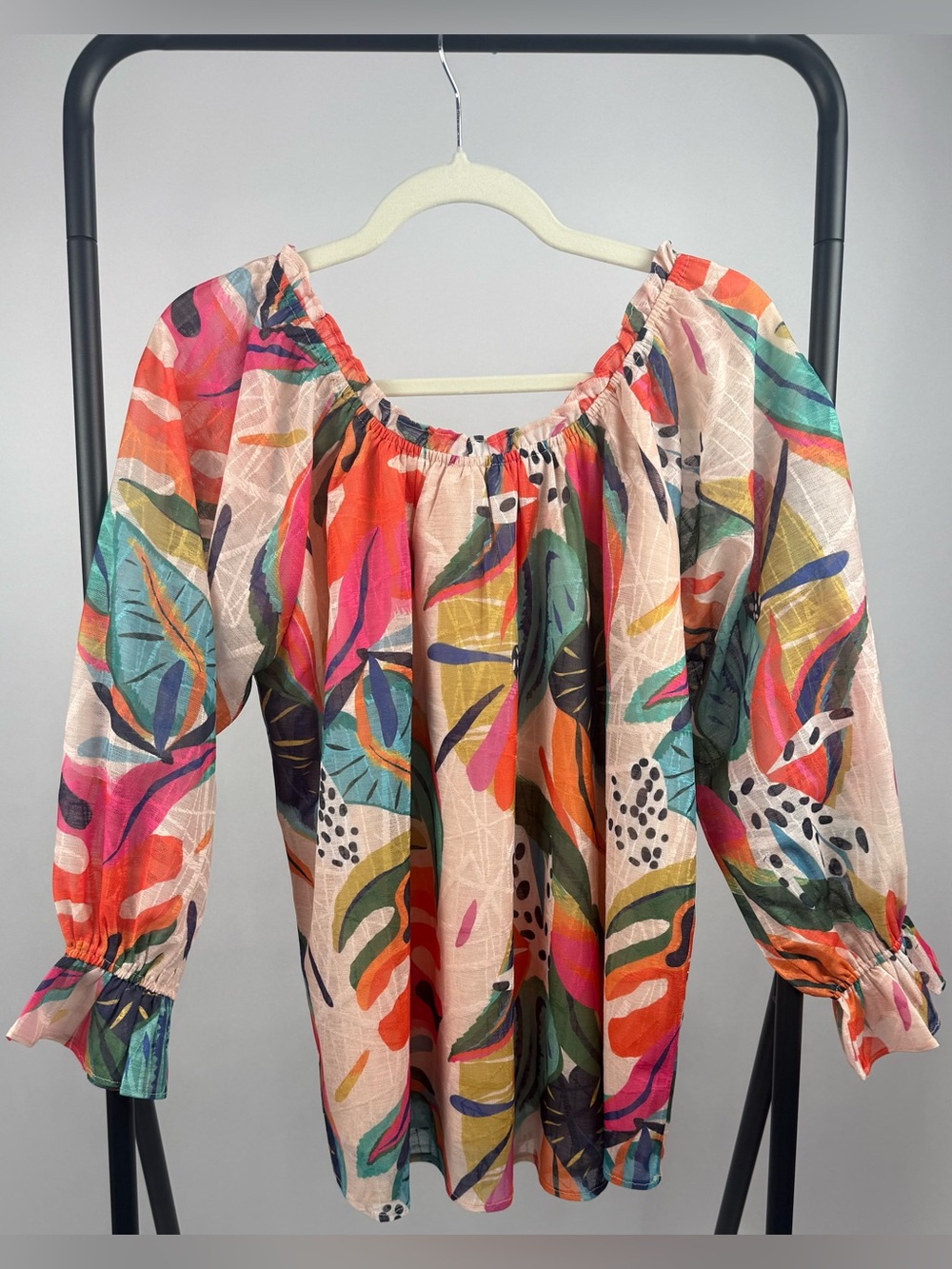 OTT Multicolor Tropical Abstract Print Peasant Blouse Top Size Small - Picture 3 of 5